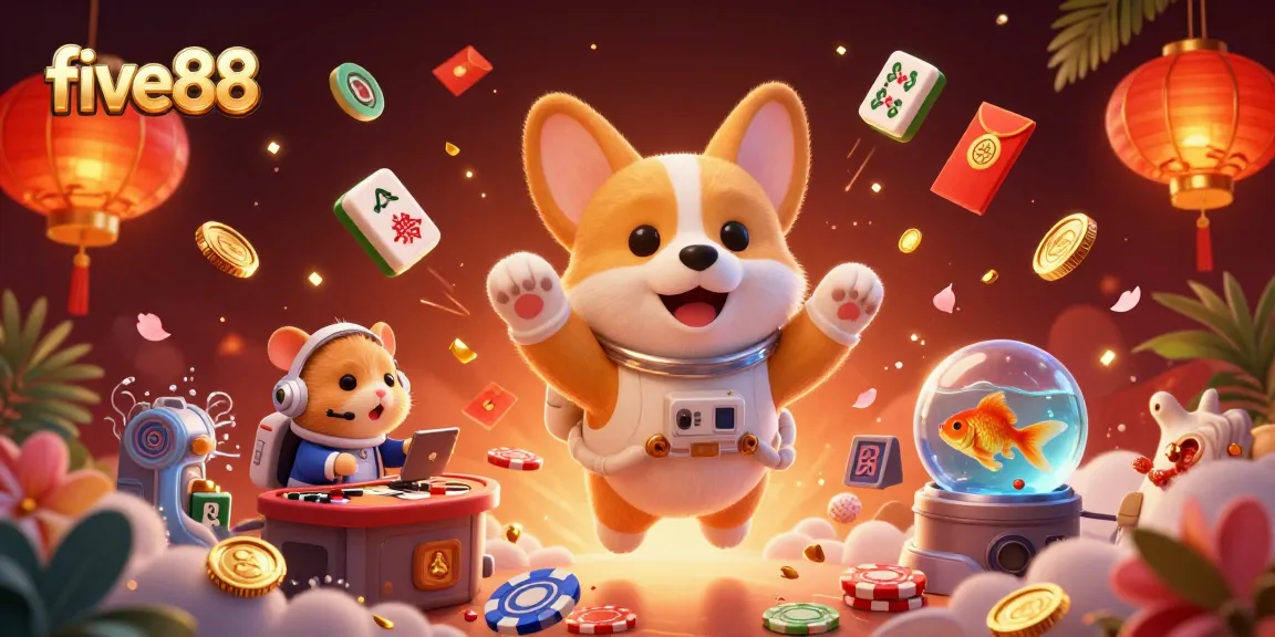 Experience the thrill of five88 in this vibrant, floating casino scene with a corgi astronaut guiding players through games.