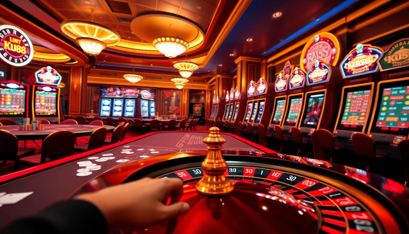 Experience the thrill of online gambling with Link nhà cái Ku88 in this vibrant casino scene featuring a roulette wheel and poker chips.