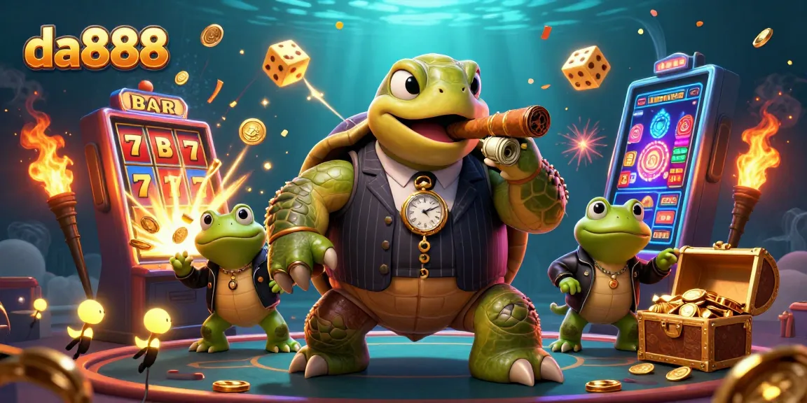 Join the da888 showdown with a vintage mobster turtle and bullfrog enforcers amidst bursting jackpots.