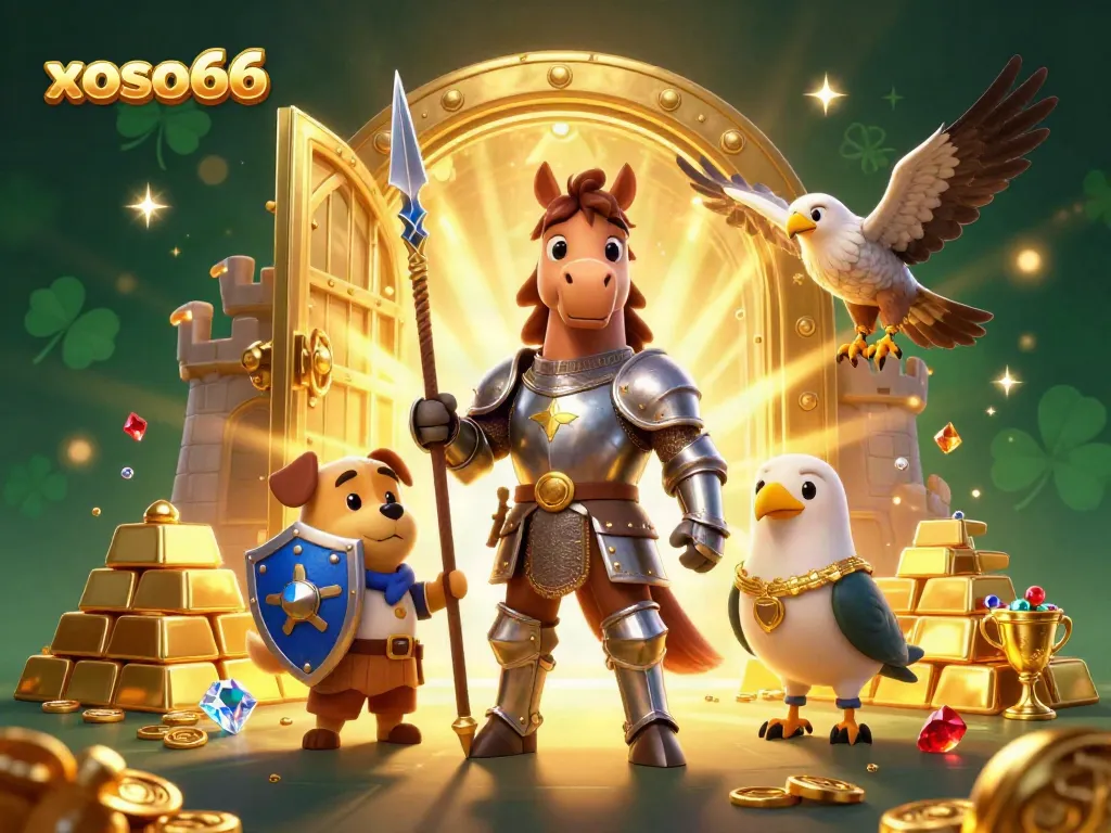Engage with the thrilling world of xoso66, showcasing medieval knights and treasures in a dynamic 3D casino scene.