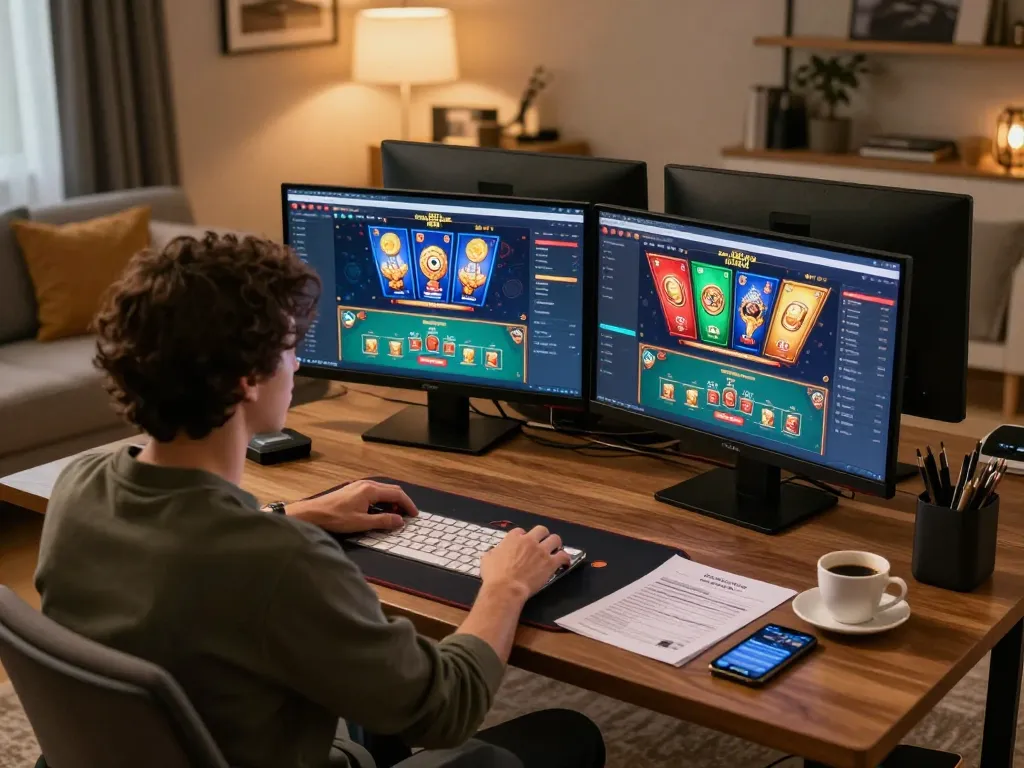 Engaging scene of a player using Nhà cái Co88 online casino platform at home, showcasing immersive gaming experience and responsible play.