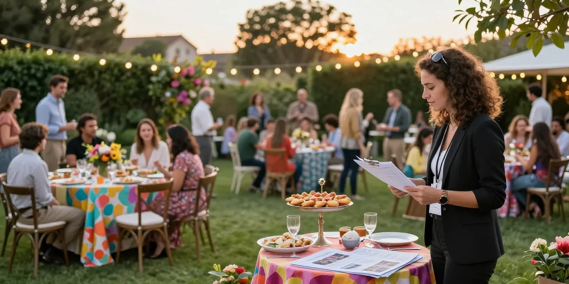 Beautiful garden party showcasing a party planner near me coordinating colorful decorations and guests enjoying catered food.