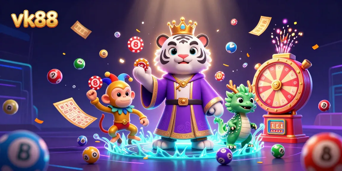 Engage with vk88 through a vivid scene of animated characters and casino elements showcasing vibrant gambling action.