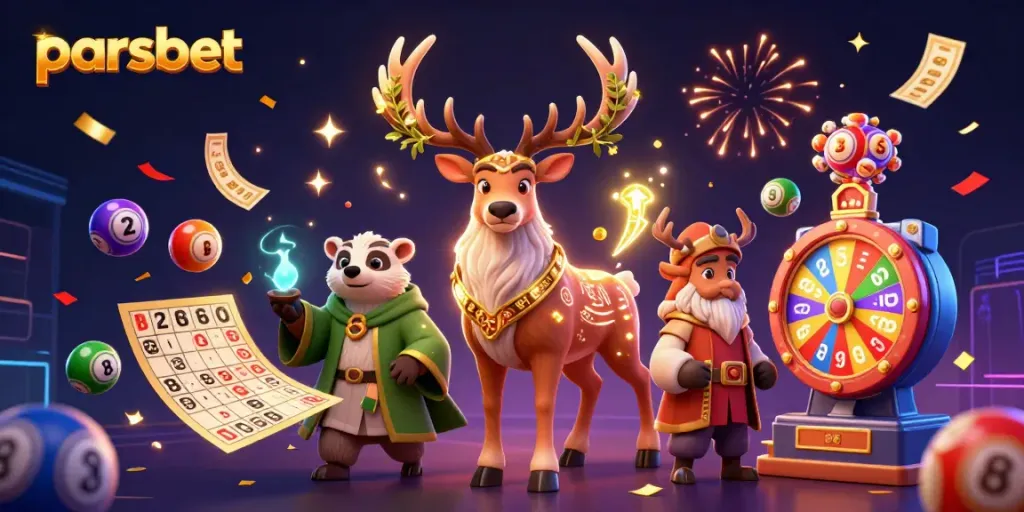 Experience winning moments with parsbet's vibrant casino scene, featuring whimsical characters and dynamic lottery elements.