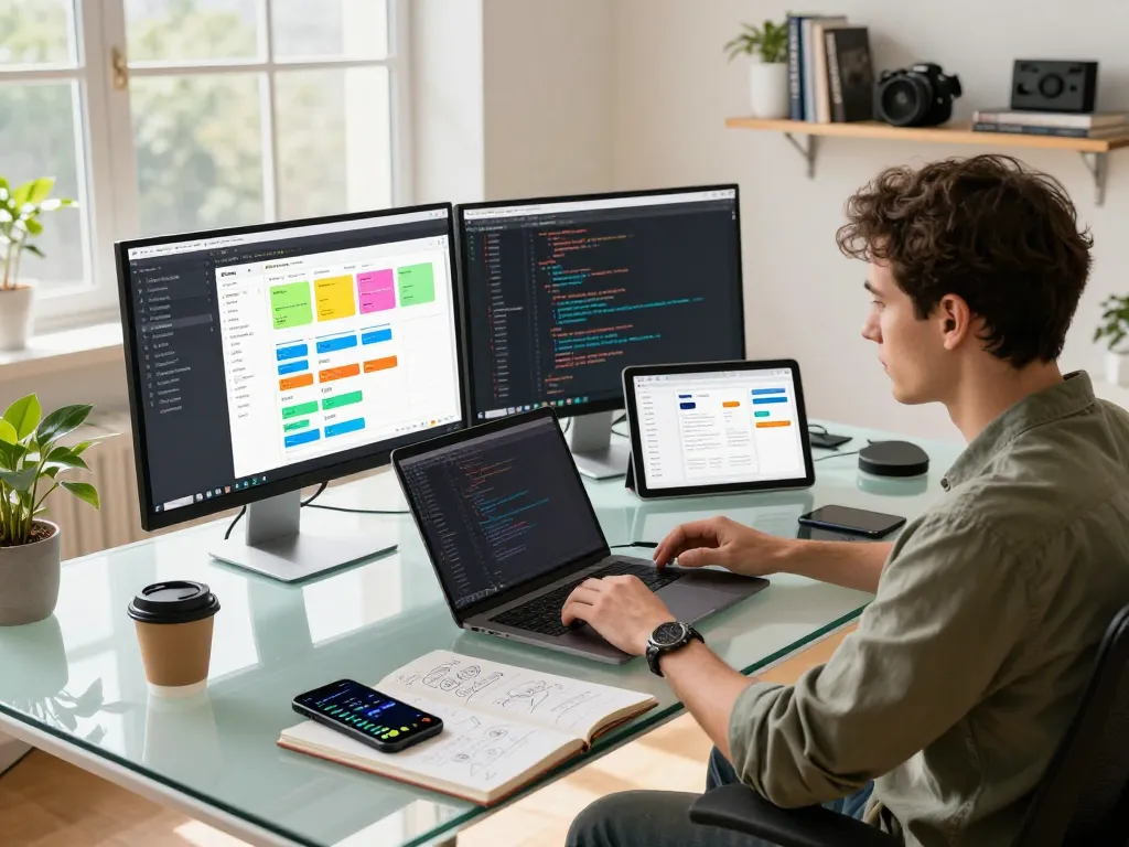 Engineer focused on software development at https://thscrore.app/ workspace with modern tools and collaborative elements.