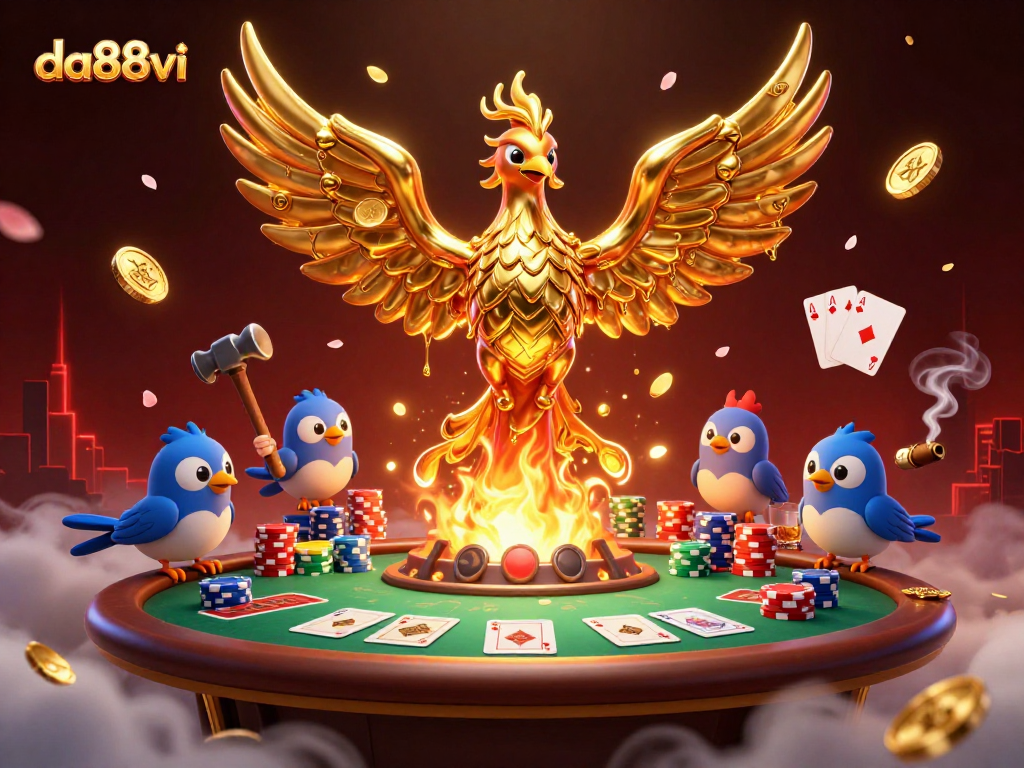 Experience thrilling gameplay at da88vi with a golden phoenix, poker table elements, and vibrant casino energy.
