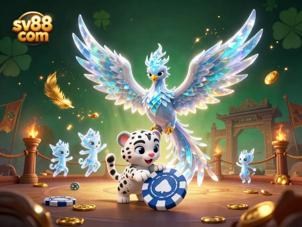 Experience thrilling gameplay at sv88 com featuring an ice phoenix, kittens, and vibrant poker chips.