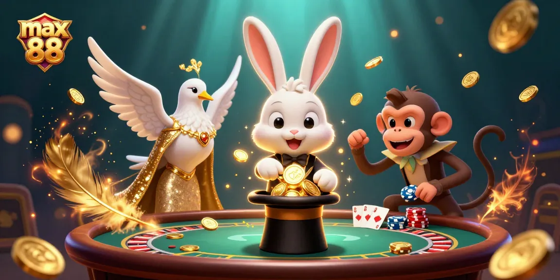 Experience the excitement of max 88 as the magician pulls golden coins in a vibrant casino scene.