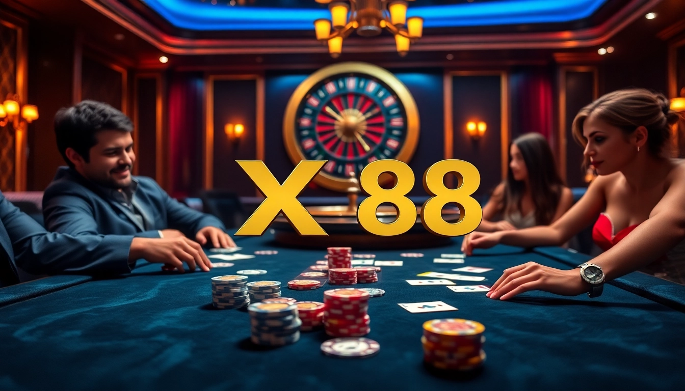 Engage with the thrilling atmosphere of XX88 gaming with poker chips and cards on a luxurious casino table.