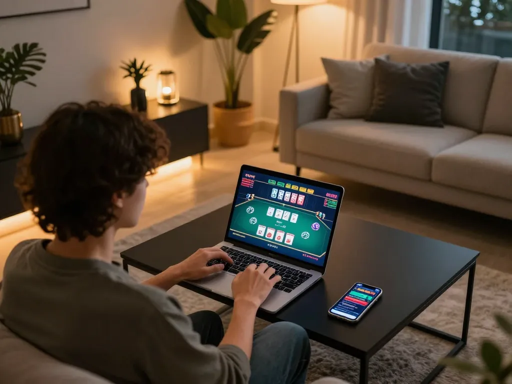 Engaged player using 99ok for online poker gaming from a cozy home setup