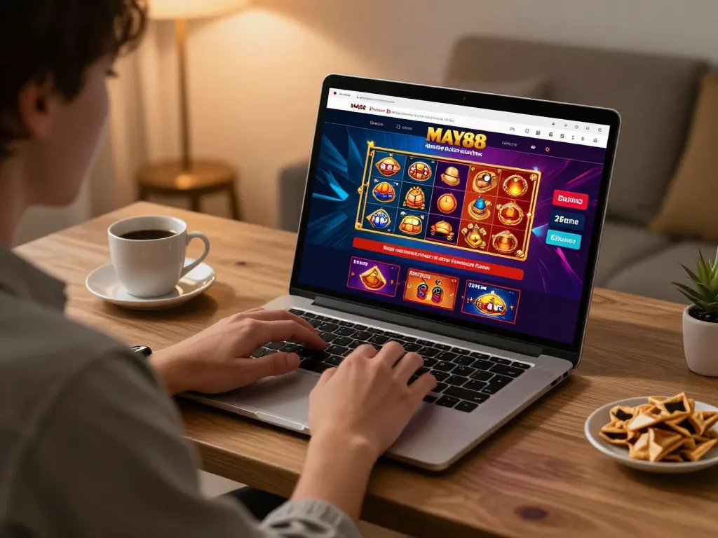 MAY88 online casino gaming setup with vibrant game interface and user ambiance.