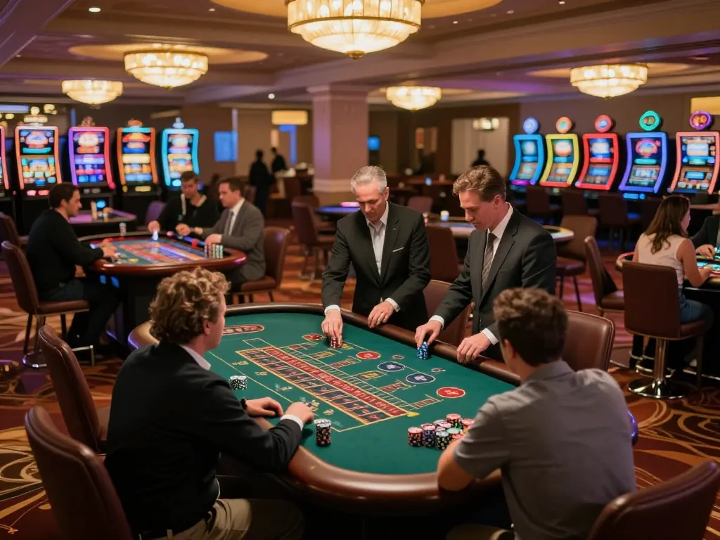 Exciting casino gameplay scene showing scap players placing bets at vibrant roulette tables with dynamic atmosphere
