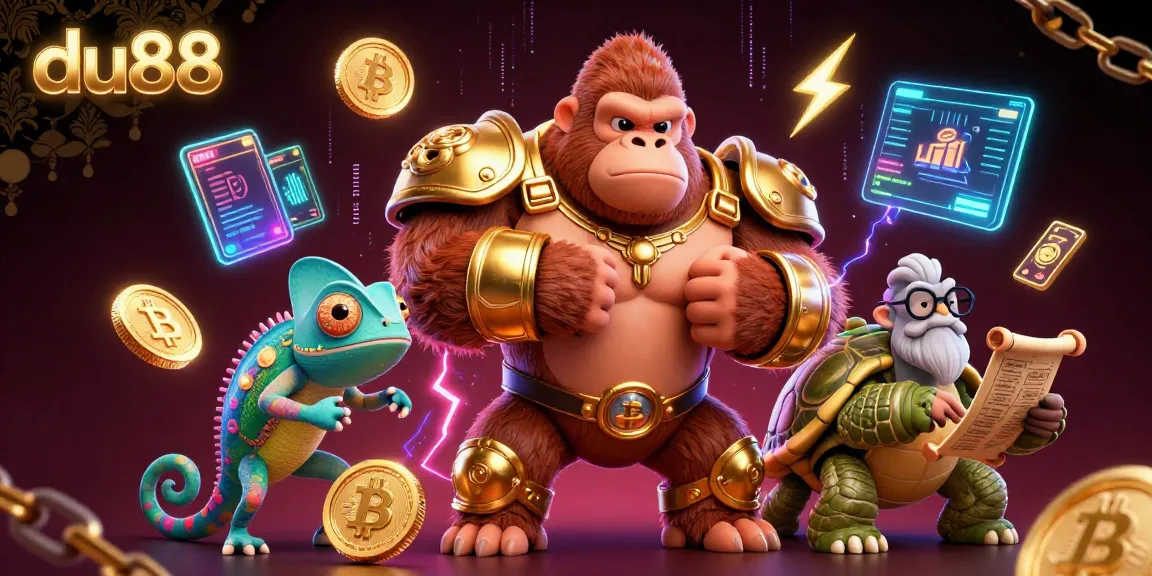 Experience the excitement of du88 with a vibrant 3D casino scene featuring iconic characters and crypto elements.