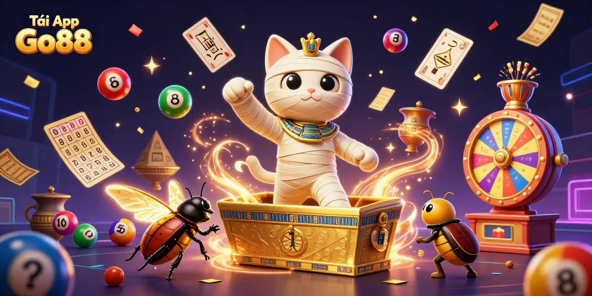 Tải App Go88 to experience thrilling casino action with our vibrant mummy cat and golden scarab representation.