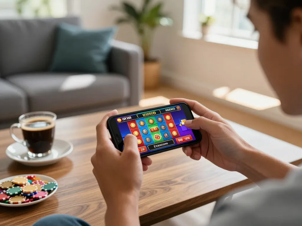 90P mobile gaming setup featuring a player enjoying casino games on smartphone in cozy living room