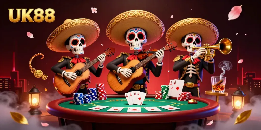 Experience thrilling gameplay at UK88 with a vibrant casino scene featuring a mariachi band and poker elements.