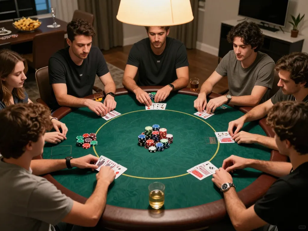 Friends enjoying an engaging poker night at home, showcasing bom88 gameplay strategy with cards and chips.