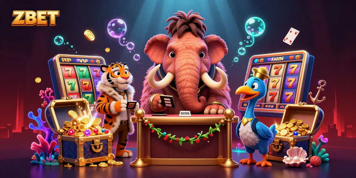 ZBET gaming scene with a woolly mammoth, saber-tooth tiger, and casino elements showcasing vibrant excitement.