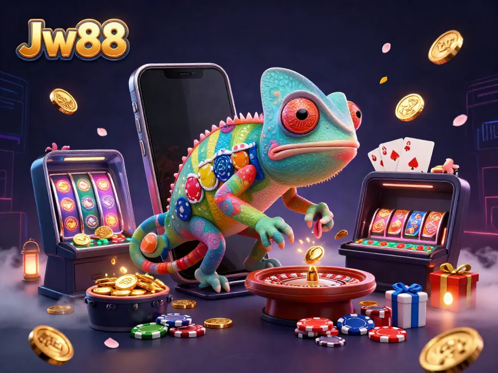 Experience thrilling gameplay at Jw88 with a lively casino scene featuring vibrant 3D characters and elements.