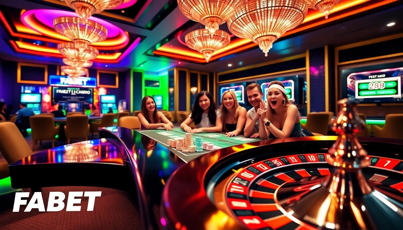 Experience the excitement of gambling at FABET with vibrant casino games, chips, and a roulette wheel.