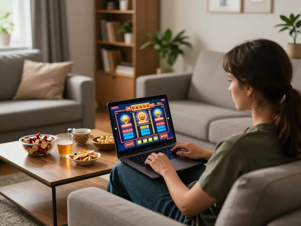 Player enjoying a thrilling xx 88 slot game on laptop in cozy home setting.