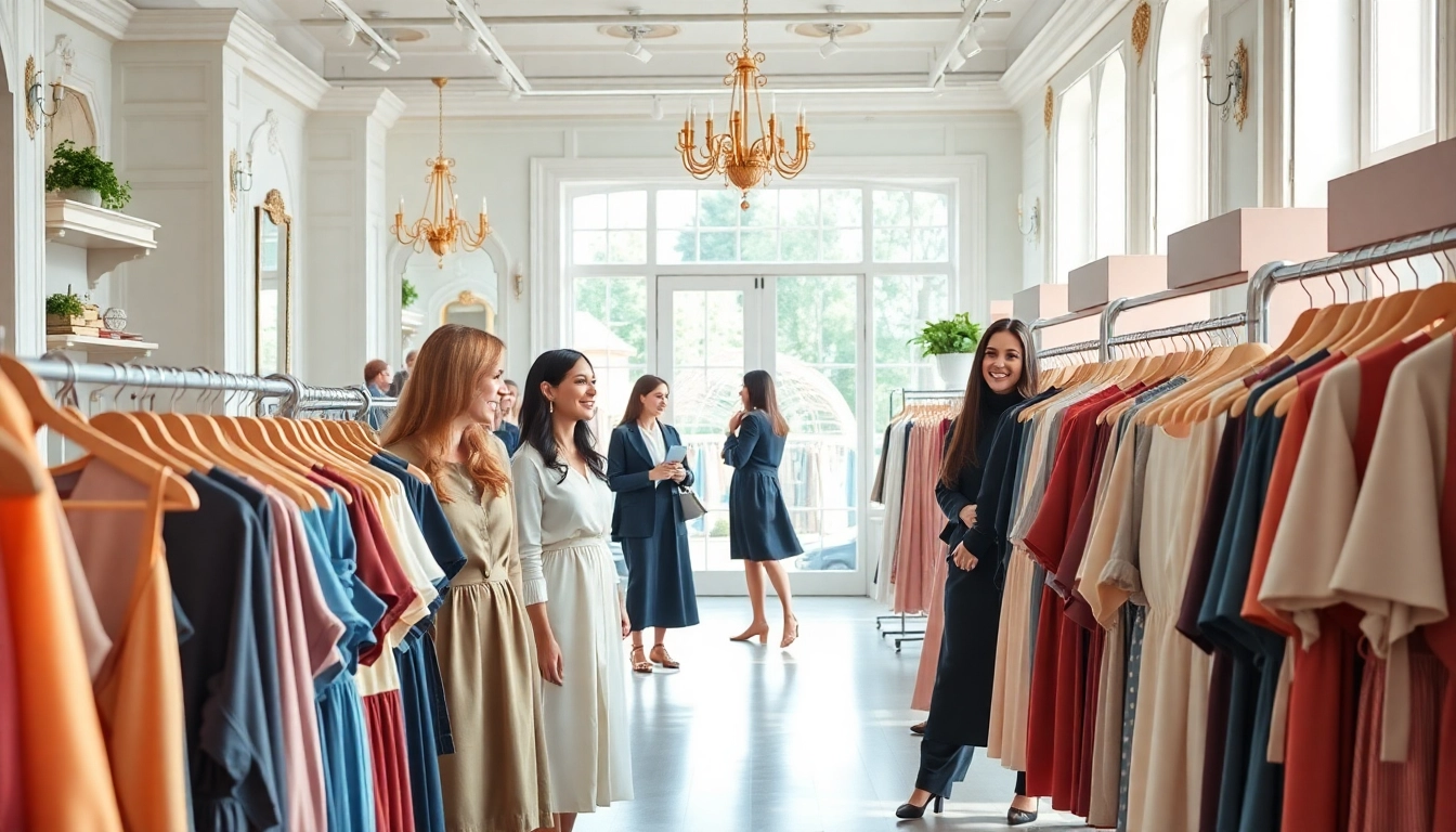 Modest clothing manufacturer showcasing stylish attire in an elegant boutique setting.