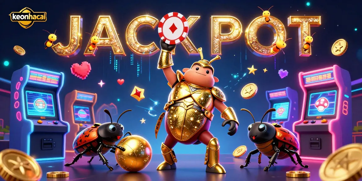 Experience the thrill of keonhacai with a victory scene featuring a heroic beetle and jackpot elements.