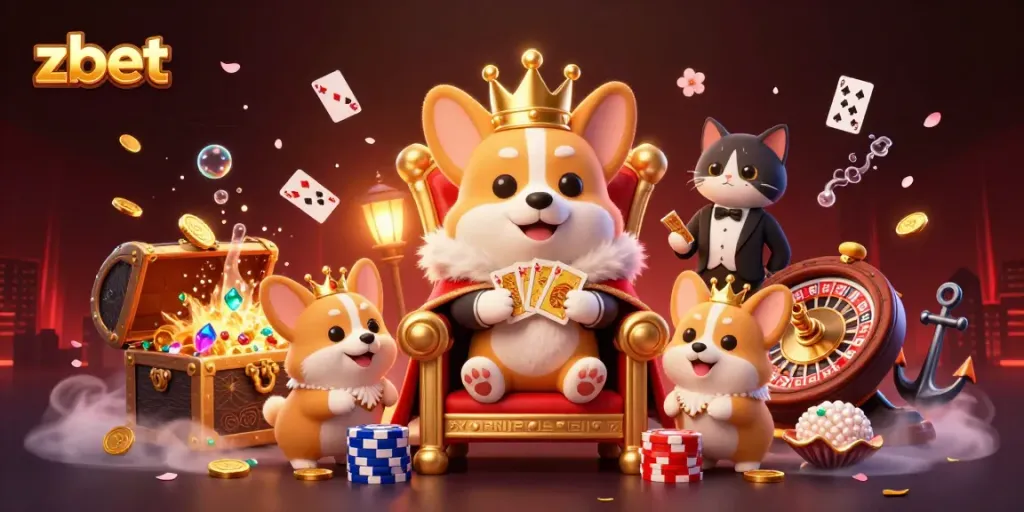 Zbet invites players to experience thrilling casino action with royal corgis amidst a vibrant gambling atmosphere.