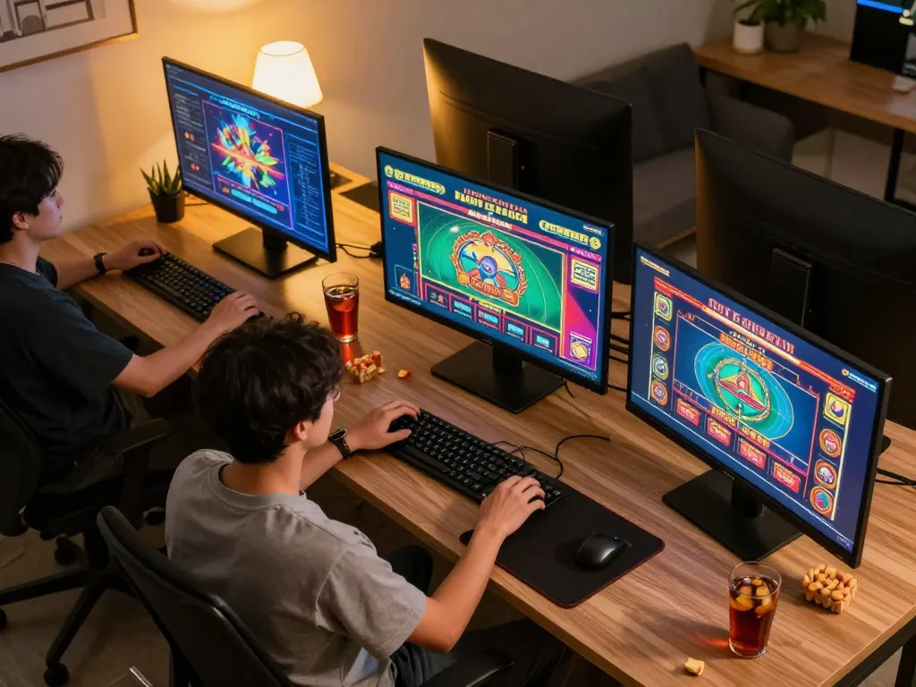 Pemain terlibat menikmati permainan situs togel di beberapa layar, menampilkan permainan online yang bertanggung jawab.