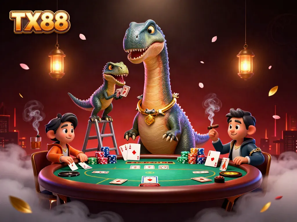 Engage in thrilling poker at TX88 amidst a brontosaurus and clever raptor in a vibrant casino scene.