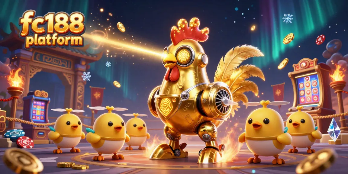Engage in the exciting action of the fc188 platform with vibrant gambling elements like robots and gold coins.