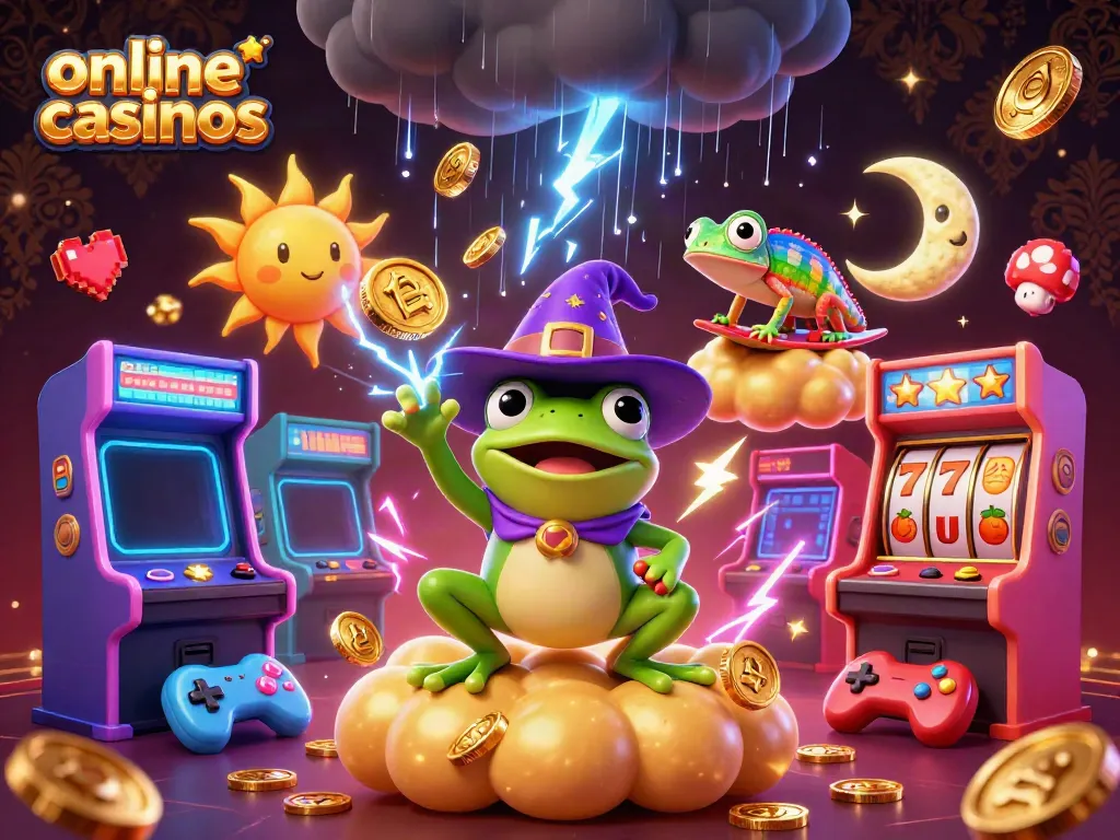 Engage with enchanting online casinos illustrated through a weather wizard frog and rainbow chameleon amidst golden coins.