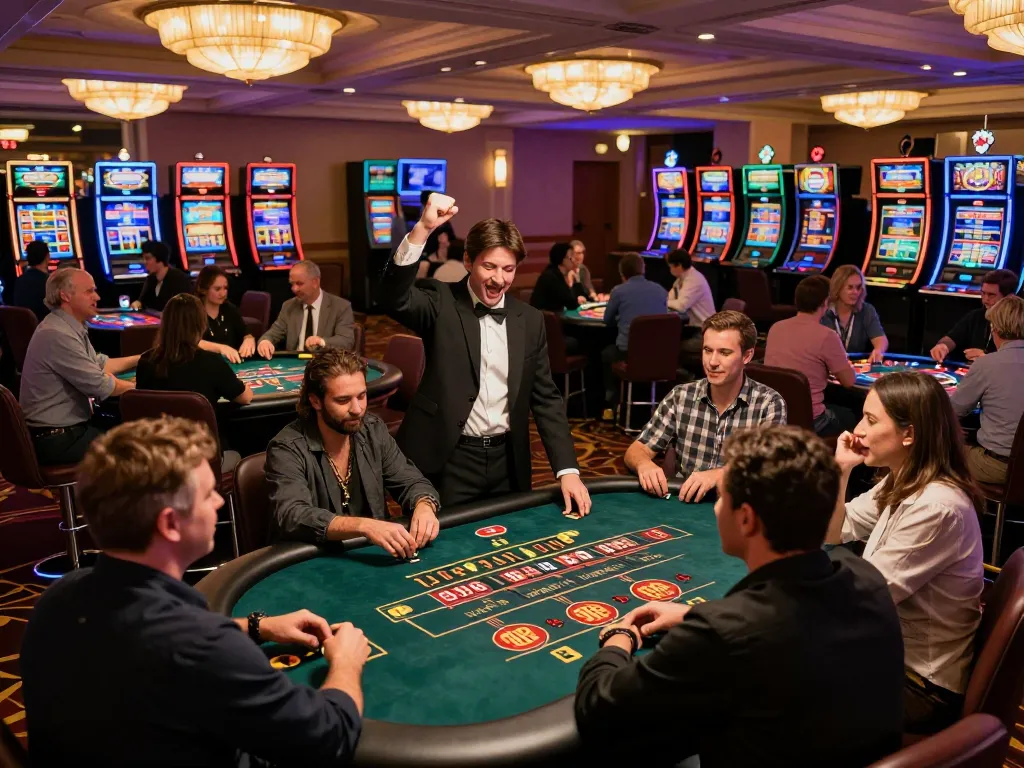Players enjoying games at 789club casino floor, celebrating big wins with dynamic atmosphere