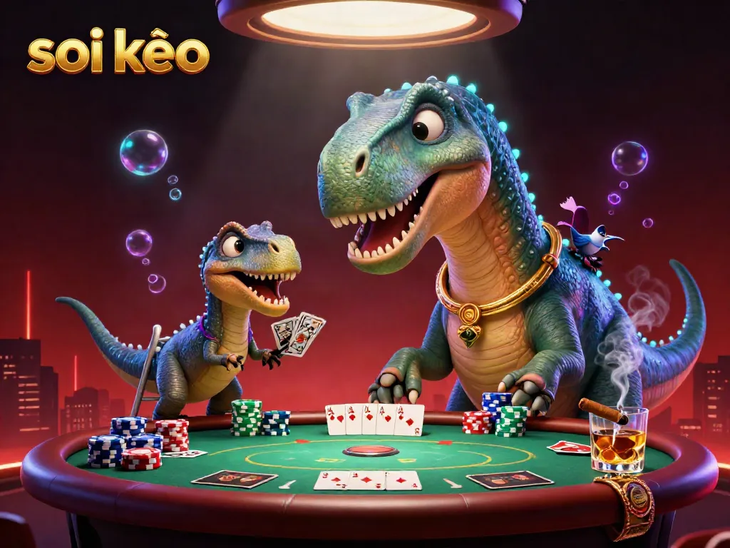 Soi kèo illustrated with a 3D dinosaur and raptor at a vibrant poker table, showcasing gaming elements.