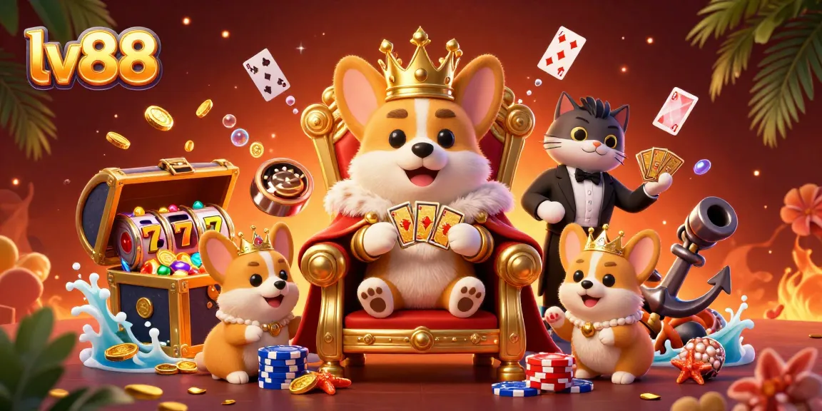 Experience the excitement of lv88 with a vibrant casino-themed illustration featuring a royal corgi and treasures.