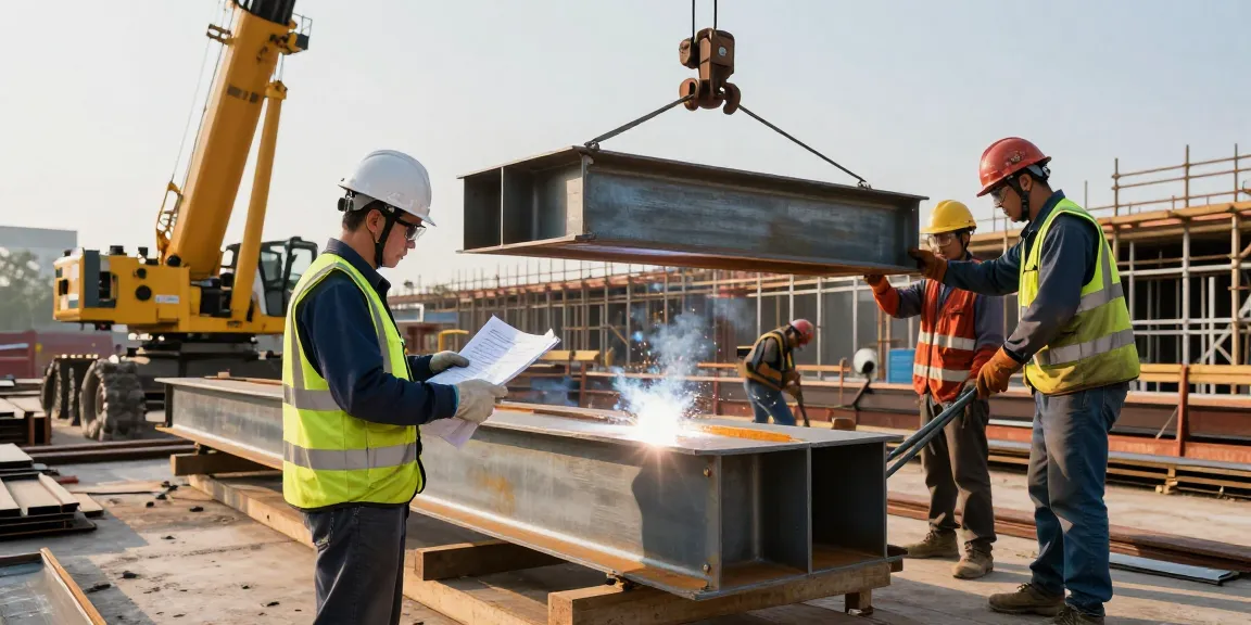 Expert team at a commercial steel company fabricating a large structure, showcasing precision and teamwork.
