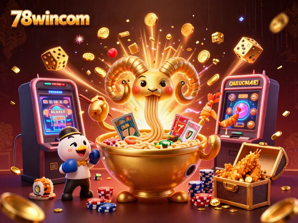 Engage with the vibrant 78wincom casino scene featuring unique characters amidst winning symbols and dynamic elements.