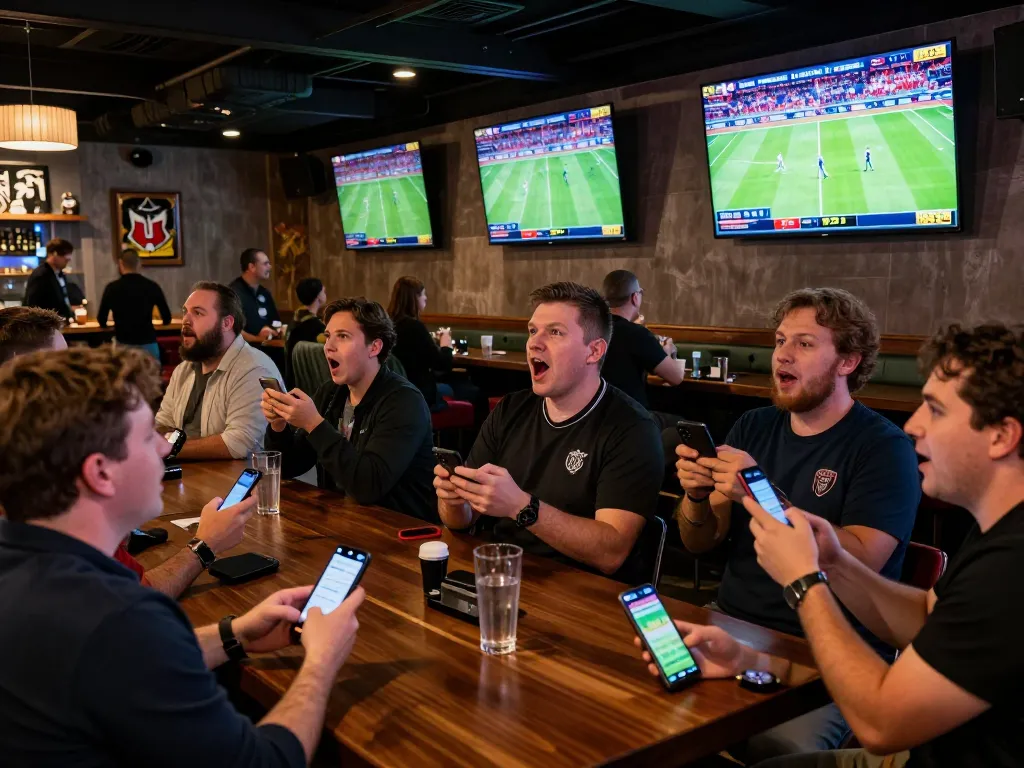 Kèo nhà cái hôm nay shows enthusiastic bettors using apps in a lively sports bar environment