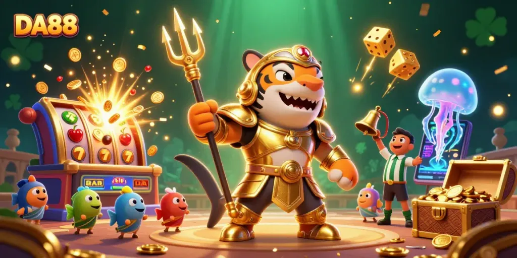 Spin big wins with DA88 in a vibrant 3D casino celebration featuring animated slot machines and a playful shark.