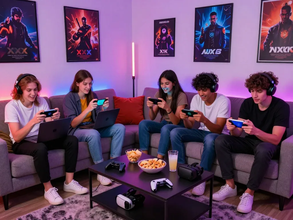 Friends enjoying xxx games in a vibrant gaming lounge with portable devices.