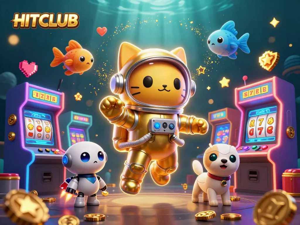 Play exciting games and win with HITCLUB's vibrant 3D casino universe illustration.