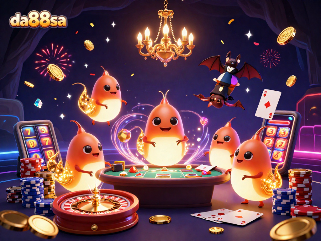 Join the excitement at da88sa with a vibrant casino scene featuring glowworms and gold coins.