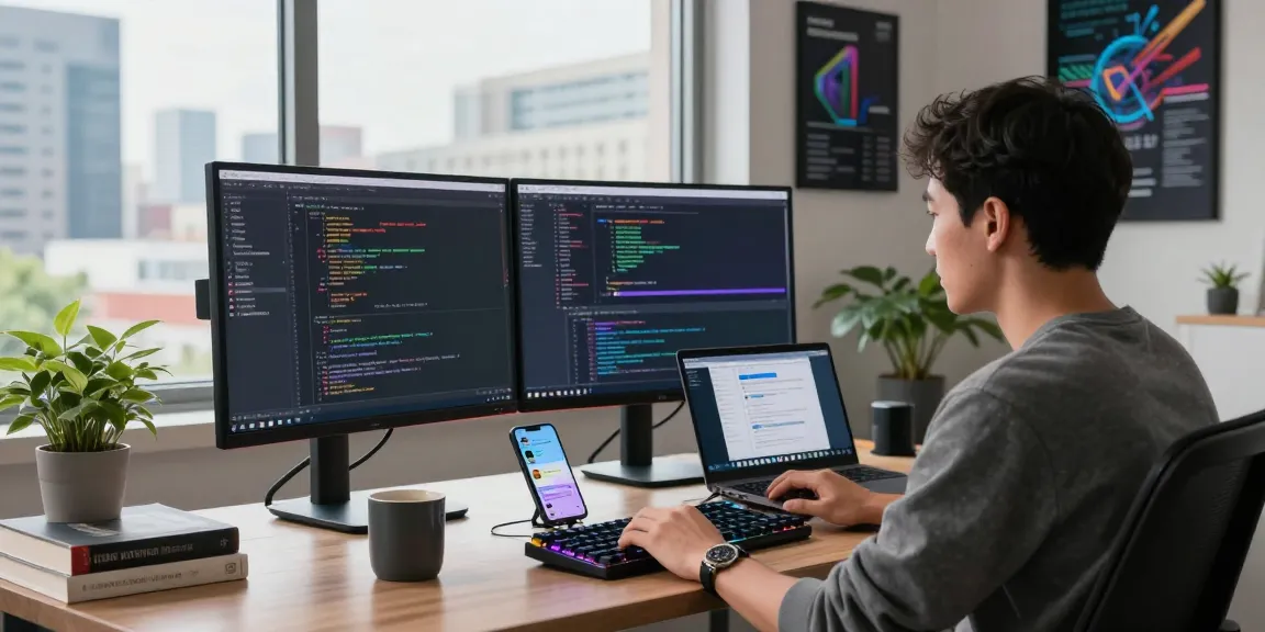 Focus on Telegram download in a modern tech workspace with a developer coding.