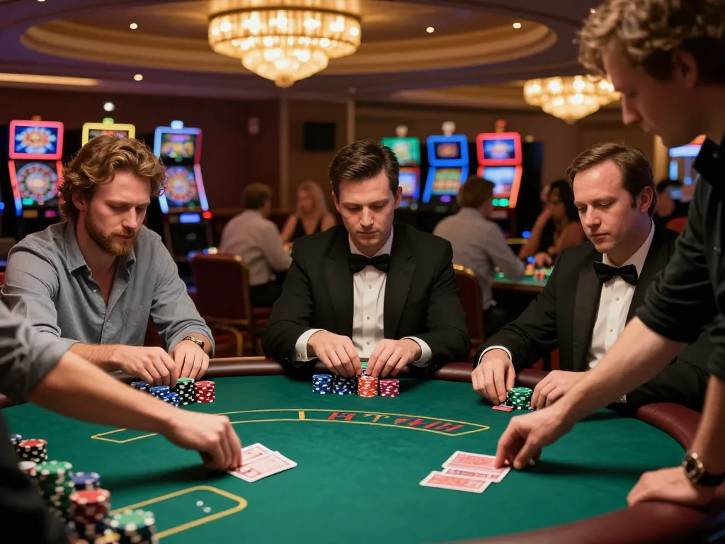 Players at vin88 engaged in a thrilling poker game with colorful chips and intense focus