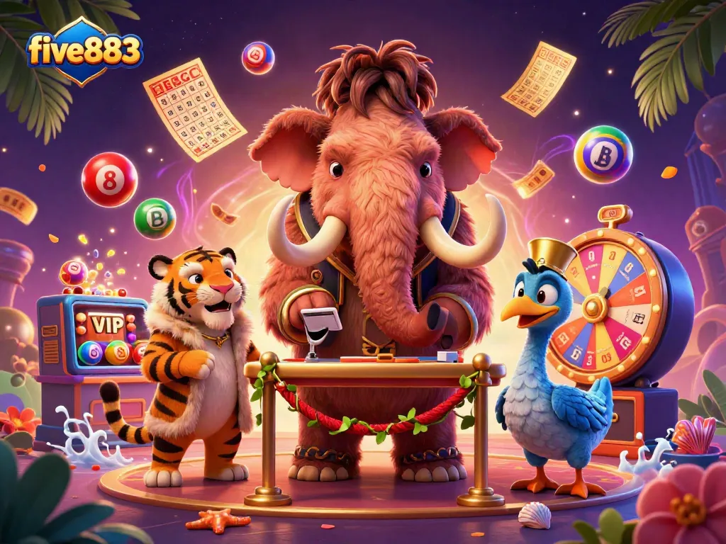 Experience excitement at five883 with vibrant gaming characters and dynamic casino elements.