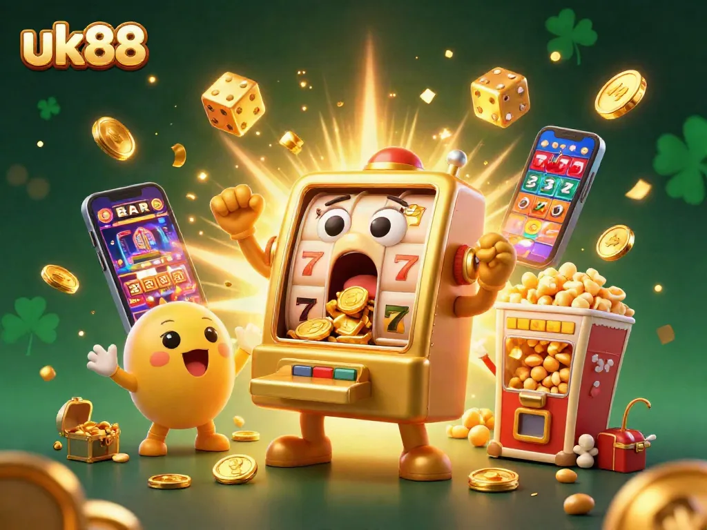Experience big wins at uk88 with playful slot machines celebrating jackpots and colorful casino elements.