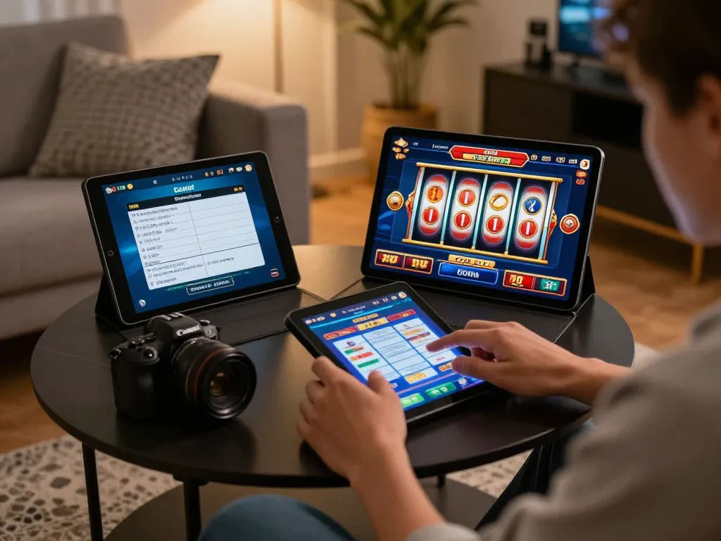 Player enjoying Win138 mobile casino slot gameplay in a cozy living room, showcasing a relaxed entertainment atmosphere.