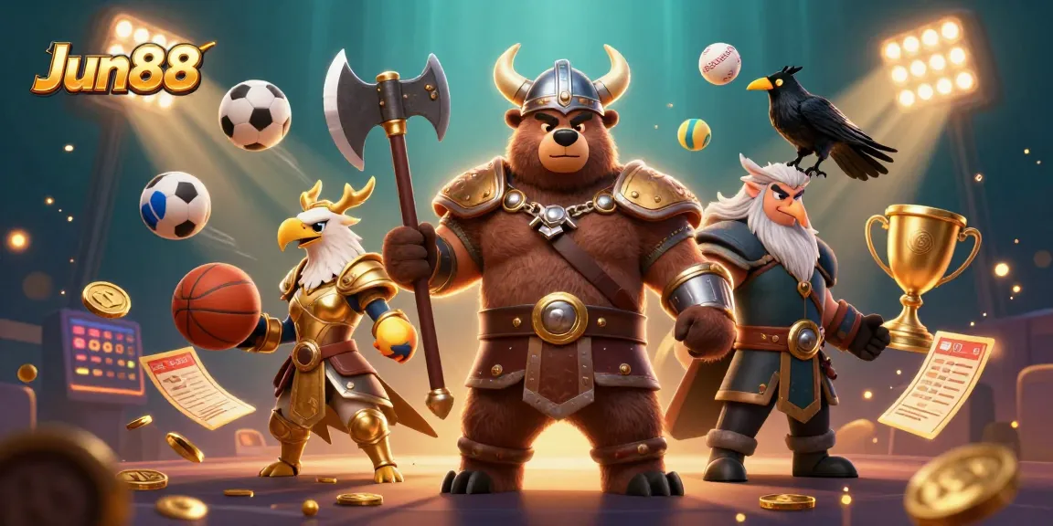 Experience Jun88's exhilarating gaming scene with epic characters and dynamic sports elements.