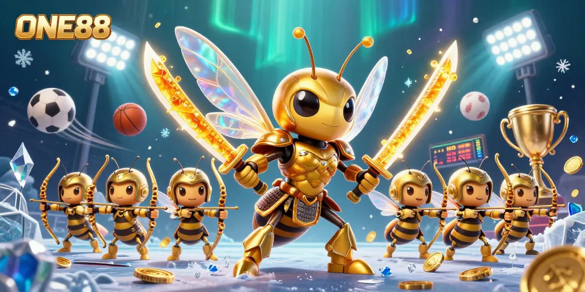 ONE88 brings excitement with golden hornet samurai and sports-themed illustrations showcasing dynamic betting.