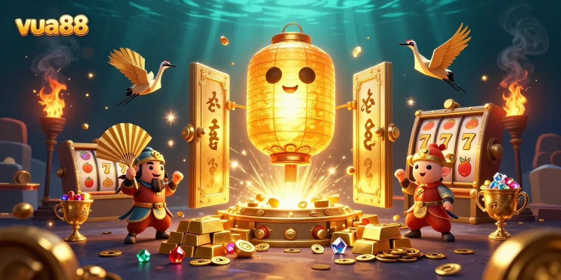 Win big at vua88 with a vibrant night market casino scene featuring lucky symbols and golden treasure.